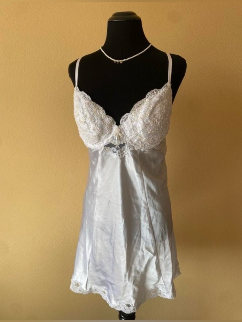 Vintage 90’s Victoria’s Secret White Beaded Slip Dress with Lace Embellishment